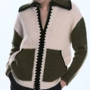 Zara Women's Two-Tone Sweater - Cream and Green, Sz M